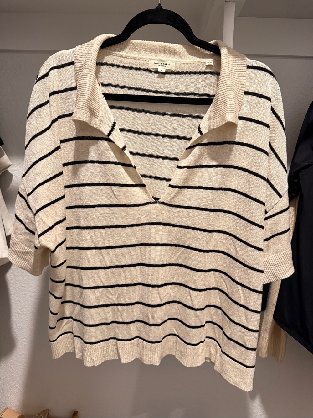 Max Studio Cream and Black Striped Polo Knit Top